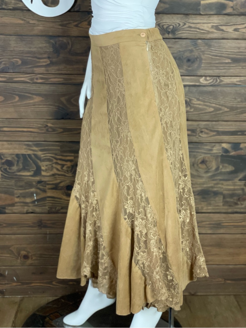Ribcoff Trends Vintage Lace Panel Midi Skirt Suede Tan Color Flowy Fir and Flare